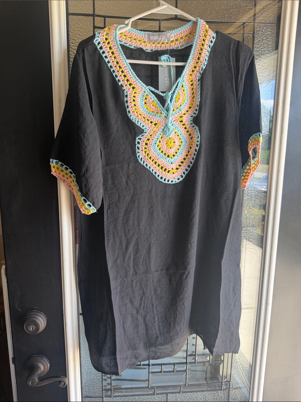 Black Tunic Dress with Pastel Crochet Trim